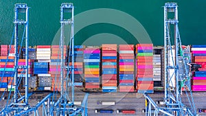 Container ship loading and unloading in deep sea port, Aerial top view of logistic import export transportation business by