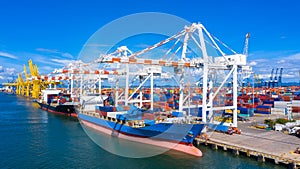 Container ship loading and unloading in deep sea port, Aerial view of business logistic import and export freight  transportation