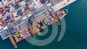 Container ship loading and unloading in deep sea port, Aerial view of business logistic import and export freight transportation