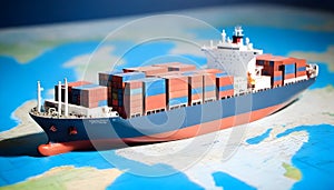 Container ship model on world map , transcontinental transportation photo