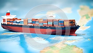 Container ship model on world map , transcontinental transportation photo