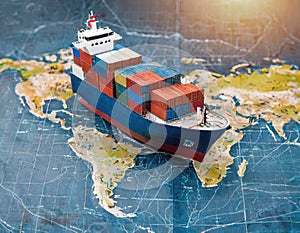 Container ship model on world map, transportation or globalization concept. Generated with AI