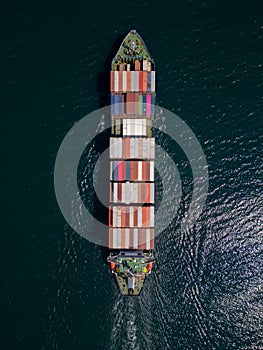 A container ship moves steadily through the ocean, carrying stacked containers