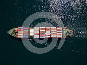 A container ship moves steadily through the ocean, carrying stacked containers