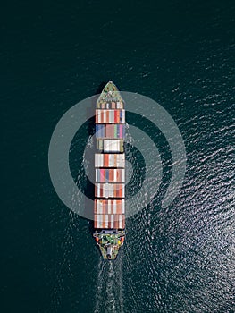 A container ship moves steadily through the ocean, carrying stacked containers