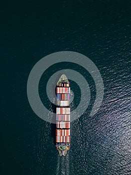 A container ship moves steadily through the ocean, carrying stacked containers