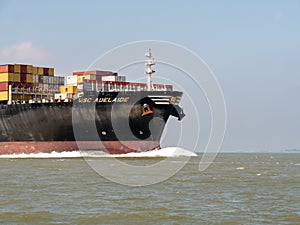 Container ship MSC Adelaide on Westerschelde in the Netherlands to port of Antwerp, Belgium