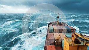 A container ship navigating through rough seas with crew members taking necessary safety precautions in accordance with photo