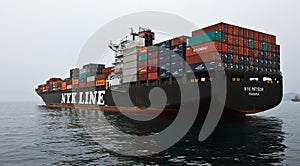 Container ship NYK Meteor standing on the roads at anchor. Nakhodka Bay. East (Japan) Sea. 09.04.2014