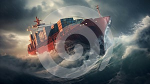 container ship in the ocean during an incredibly powerful storm, dramatic sky