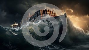 container ship in the ocean during an incredibly powerful storm, dramatic sky