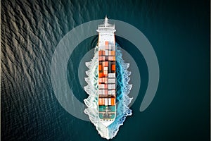 Container Ship in the Ocean. Top View. 3d Rendering