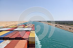 Container ship owned by Maersk is transiting Suez Canal.