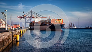 container ship piered at the harbour AI generated