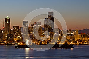 Container Ship on Puget Sound Seattle Skyline