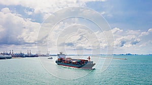 Container ship sailing the ocean, Business cargo logistics aerial view