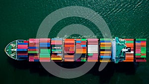 Container ship sailing the ocean, Business cargo logistics aerial view