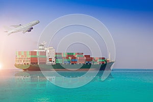 Container ship sailing in the sea, Logistics and Transportation.