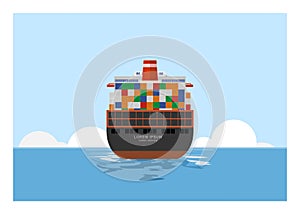 Container ship sailing on the sea. Rear view. Simple flat illustration.