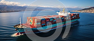 Container ship in the sea. Panoramic view of a container ship in the sea