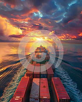 Container ship at sea, vibrant sunset, global trade concept , advertise photo