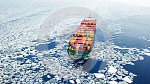 Container ship in the sea at winter time
