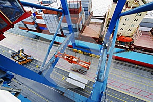 Container ship seen from high above perspective