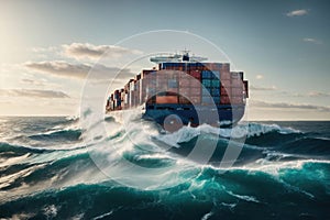 Container Ship Splashscreen Extreme Motion in the sea. ai generative