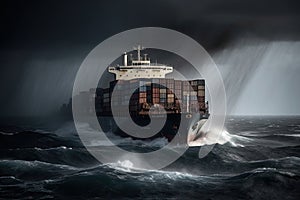 A container ship in the storm and rain is a daunting and dangerous situation of a large vessel battling through