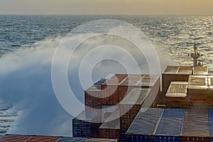 Container ship in stormy sea.
