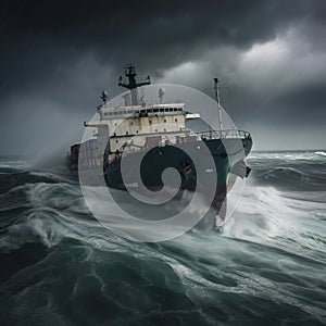 Container ship on stormy seas. Generative AI