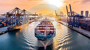 Container Ship at Sunset in Busy Harbor with Cranes