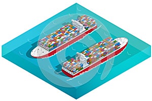 Container ship, Tanker or Cargo ship with containers icon. Flat 3d isometric high quality transport. Vehicles designed