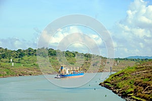 Container ship transiting through Panama Canal.