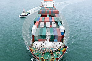 Container ship transporting cargo logistic to import export goods internationally around the world, including Asia Pacific and