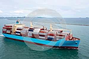 Container ship transporting cargo logistic to import export goods internationally around the world, including Asia Pacific and