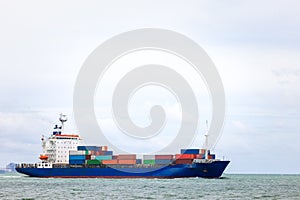 Container ship transporting cargo logistic to import export goods internationally around the world, including Asia Pacific and