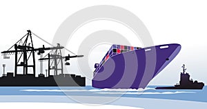 Container ship with tugboat in port, illustration