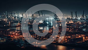 Container ship unloading at illuminated commercial dock generated by AI