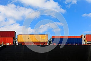 Container ship and Various brands and colors of shipping containers stacked in a holding platform