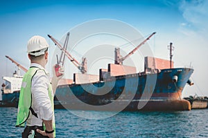 Container Shipping Supervisor Control Import/Export in Loading Commercial Dock, Containers Logistic Ship Engineer Controlling of