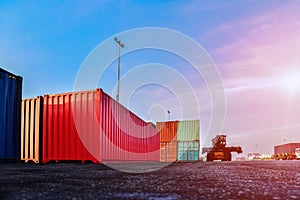 Container in shipping yard of dockyard  stacked  for transport.