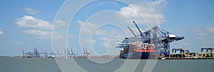 Container ships being loaded and unloaded at Felixstowe docks Suffolk Panorama England.