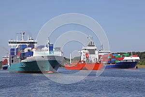 Container ships and a tanker on Kiel Canal