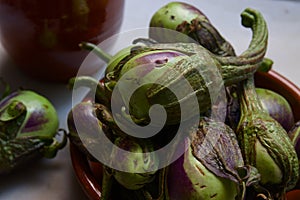 Container with some small aubergines to ferment them Almagro style, Castilla la Mancha Spain