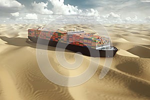 Container tanker in the desert, stuck in the sands. international transportation is difficult, container crisis. Problems, stop