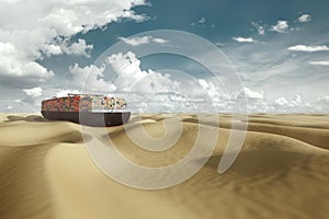 Container tanker in the desert, stuck in the sands. international transportation is difficult, container crisis. Problems, stop