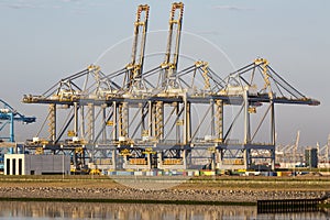 Container terminal in harbour at twilight