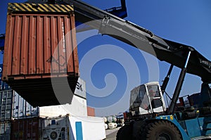 Container transport vehicle closeup at harbor