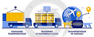 Container transportation, transport of dangerous goods, transportation of animals concept with tiny people. Freight distribution